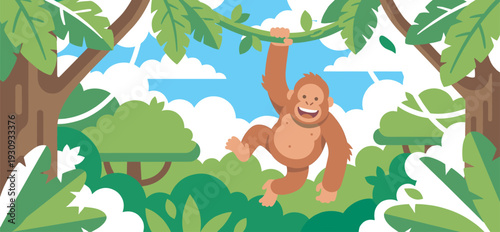 Happy cartoon orangutan swings on a jungle vine with a wide smile, surrounded by lush green foliage and a bright blue sky.