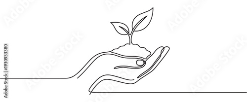 Hand holding plant sprout with soil in a continuous line art drawing representing nature and environmental care.