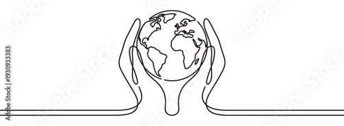 Human hands holding planet Earth in a minimalist continuous line art style symbolizing global protection and unity.