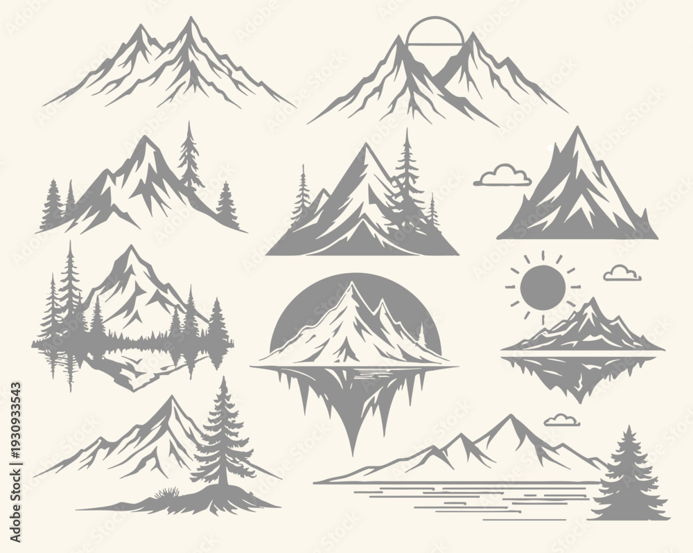 Obraz premium Set of Vintage Mountain Illustrations for Outdoor Adventure and Exploration Designs