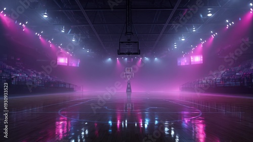 Basketball arena illuminated with purple lights court and hoop competition concept
