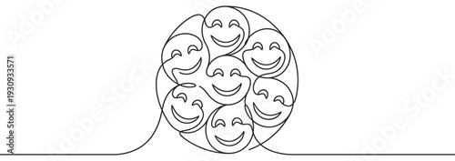 Continuous line art smiling faces creating a joyful and interconnected community of happy expressions, symbolizing unity and positive emotions.