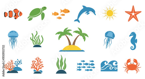 Colorful Collection of Marine Life and Tropical Island Icons.