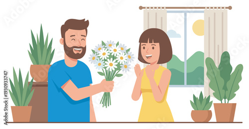 Bearded man, smiling woman, and white daisy bouquet, beautifully illustrate a heartwarming gesture of love and appreciation.