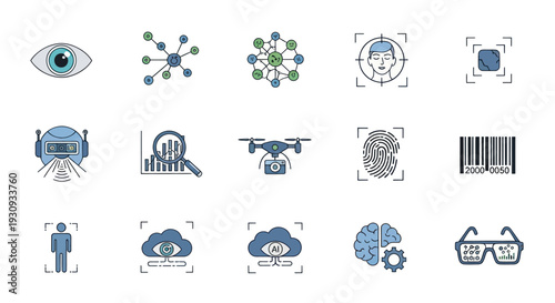 Collection of Artificial Intelligence and Technology Icons in Blue and Gray.