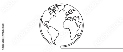 Earth globe continuous line drawing illustration depicting global connection, unity, and the interconnectedness of all continents on our planet.