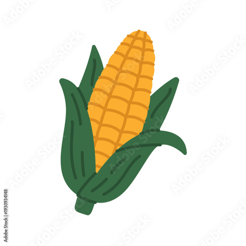Bright yellow corn cob with green husk. Flat vector illustration of maize for Mexican agriculture and food design themes