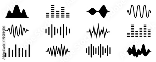 Set of black sound wave icons. Audio waveforms and equalizer symbols for tech and music themes.