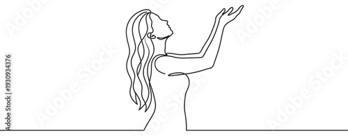 Continuous line drawing woman looking up with hands raised in a gesture of hope, prayer, and spiritual connection.