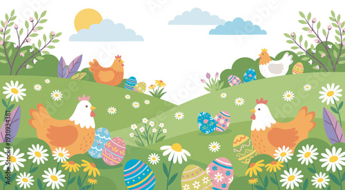 Happy chickens and colorful Easter eggs are nestled among blooming spring flowers and lush green hills under a sunny sky.