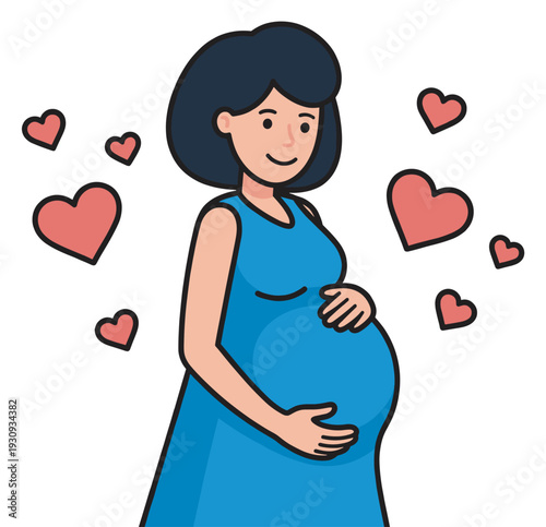 Pregnant woman gently holds her growing belly with a loving smile surrounded by floating red hearts, symbolizing maternal affection.