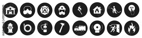 Round black icons of firefighting and emergency rescue elements