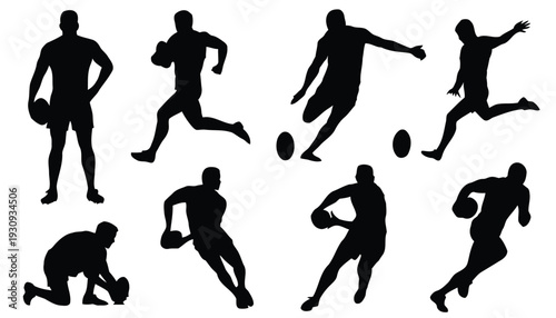 Rugby players in action poses with the ball during a game