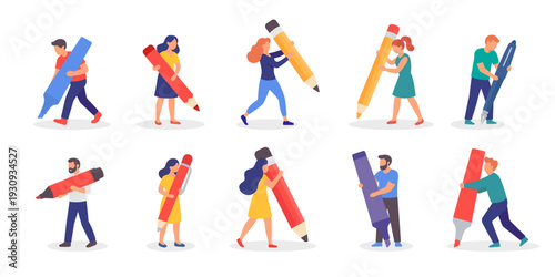 Set of people holding giant pens and pencils. Flat vector illustration of teamwork, creativity, and education concepts.