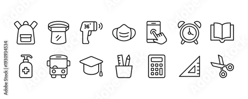 School and education supplies icons depicting safety measures and learning tools