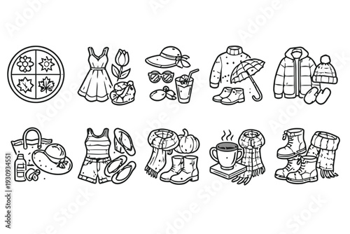 Seasonal outfit changes and weather symbols collection vector icons