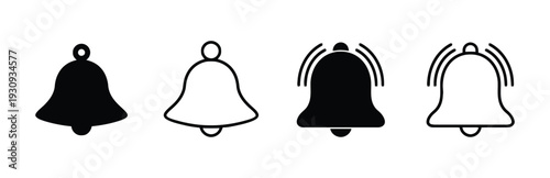 Set of bell icons in filled, outline, and ringing styles on white background