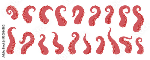 Squid tentacles with suction cups. Curved octopus arms for marine life, fantasy sea monster and nautical design themes