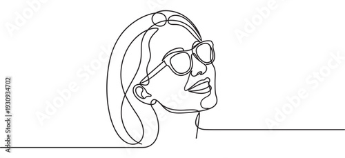 Continuous line drawing of a woman's profile wearing modern sunglasses, looking upwards with a serene expression.