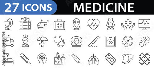 Set of 27 medicine icons for healthcare and medical services flat design