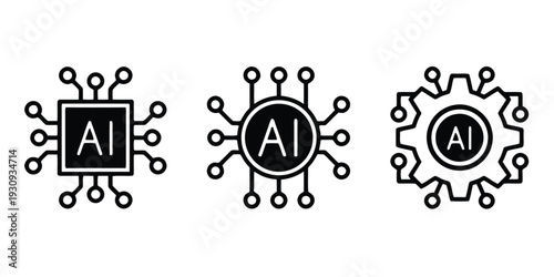 Set of artificial intelligence icons with chip and gear symbols representing technology and innovation