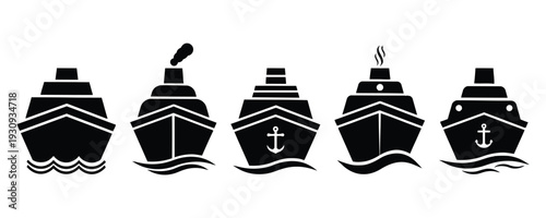 Set of black silhouette icons representing cruise ships and ocean liners