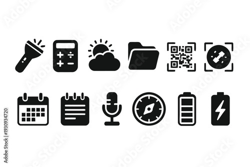 Set of application icons for mobile devices including tools utilities and system functions