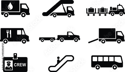 Airport ground service vehicles and equipment icons set, catering fuel baggage stairs shuttle bus crew badge escalator silhouette vector illustration collection