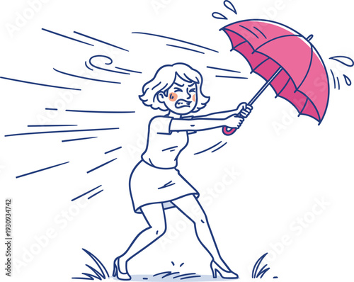 Woman Umbrella Strong Wind Struggle Commercial Illustration