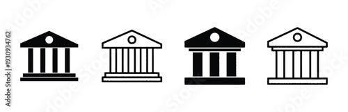 Set of building icons representing a bank or government institution