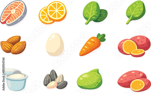 Healthy whole foods collection with salmon citrus spinach nuts egg carrot yogurt seeds and sweet potato flat vector illustration