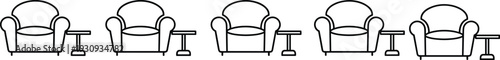 Airport lounge armchair and side table line icons set, waiting area furniture outline illustration isolated on white background for interior design
