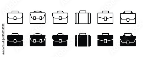 Set of briefcases and travel bags in outline and solid styles