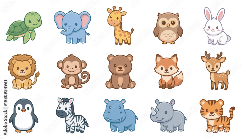 Naklejka premium Cute cartoon baby animals collection featuring various adorable wildlife creatures perfect for children's designs, educational materials, and playful themes.
