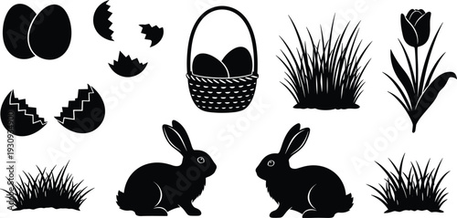 Easter silhouettes set with bunny rabbits, eggs, basket and spring flowers, black vector icons isolated on background