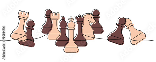 Linear minimalist outline of multiple chess pieces in a full formation on a line, abstract contour art of strategy