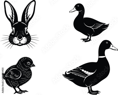 Rabbit and duck silhouettes collection, black animal vector illustrations including bunny head, duckling and waterfowl isolated on background