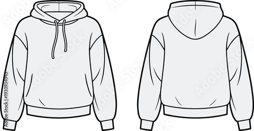 Blank hoodie mockup front and back view, minimal pullover sweatshirt template, isolated apparel outline design for branding presentation