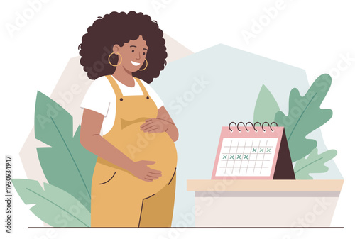 Pregnant woman happily anticipates her baby's arrival date, gently touching her belly while tracking the countdown on a desktop calendar.