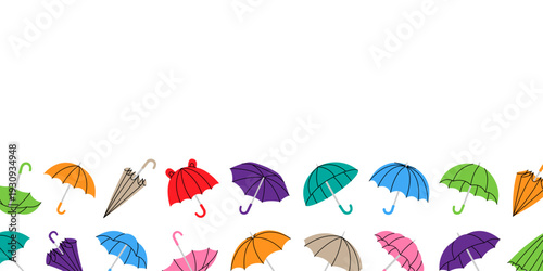 Colorful umbrella border at the bottom of the frame. Seasonal vector design with rain protection symbols for autumn, spring, and weather themes