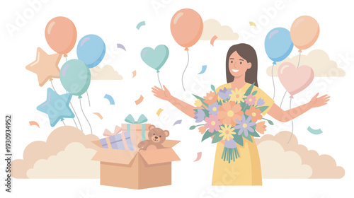 Happy woman holding a beautiful bouquet of flowers surrounded by festive balloons, gifts, and confetti celebrating a special occasion.