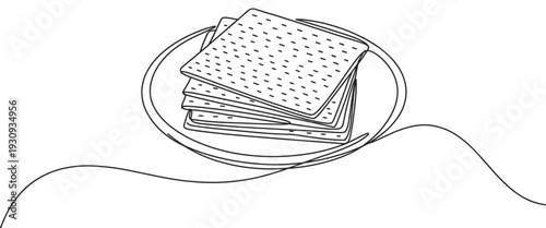 Matzah crackers stacked on a plate in a minimalist continuous line art style illustration, symbolizing Passover traditions and Jewish culture.