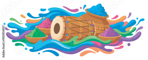 Traditional Indian drum and vibrant powder bowls surrounded by festive splashes of colorful gulal for Holi celebration.