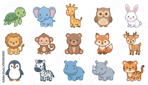 Cute cartoon baby animals collection featuring various adorable wildlife creatures perfect for children's designs, educational materials, and playful themes.