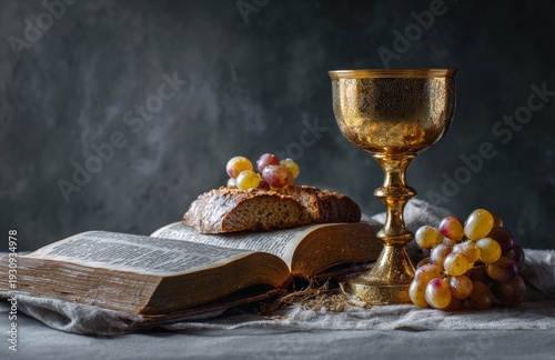 Vintage communion setting with book, chalice, bread, and grapes on rustic background