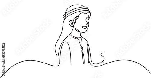 Arab man continuous line drawing smiling happily in traditional attire, representing Middle Eastern culture and identity.