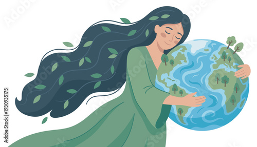 Woman gently cradling the Earth globe with care, symbolizing environmental protection and sustainability for the planet.