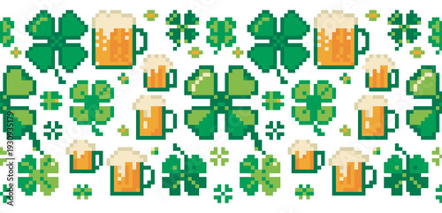 Green shamrocks and frothy beer mugs create a festive pixel art pattern perfect for traditional Irish holiday celebrations.