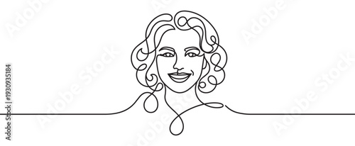 Woman's face continuous line drawing smiling portrait with elegant curly hair, representing beauty and simplicity.