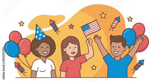 Three happy diverse people celebrating a festive occasion together with balloons, fireworks, and an American flag.